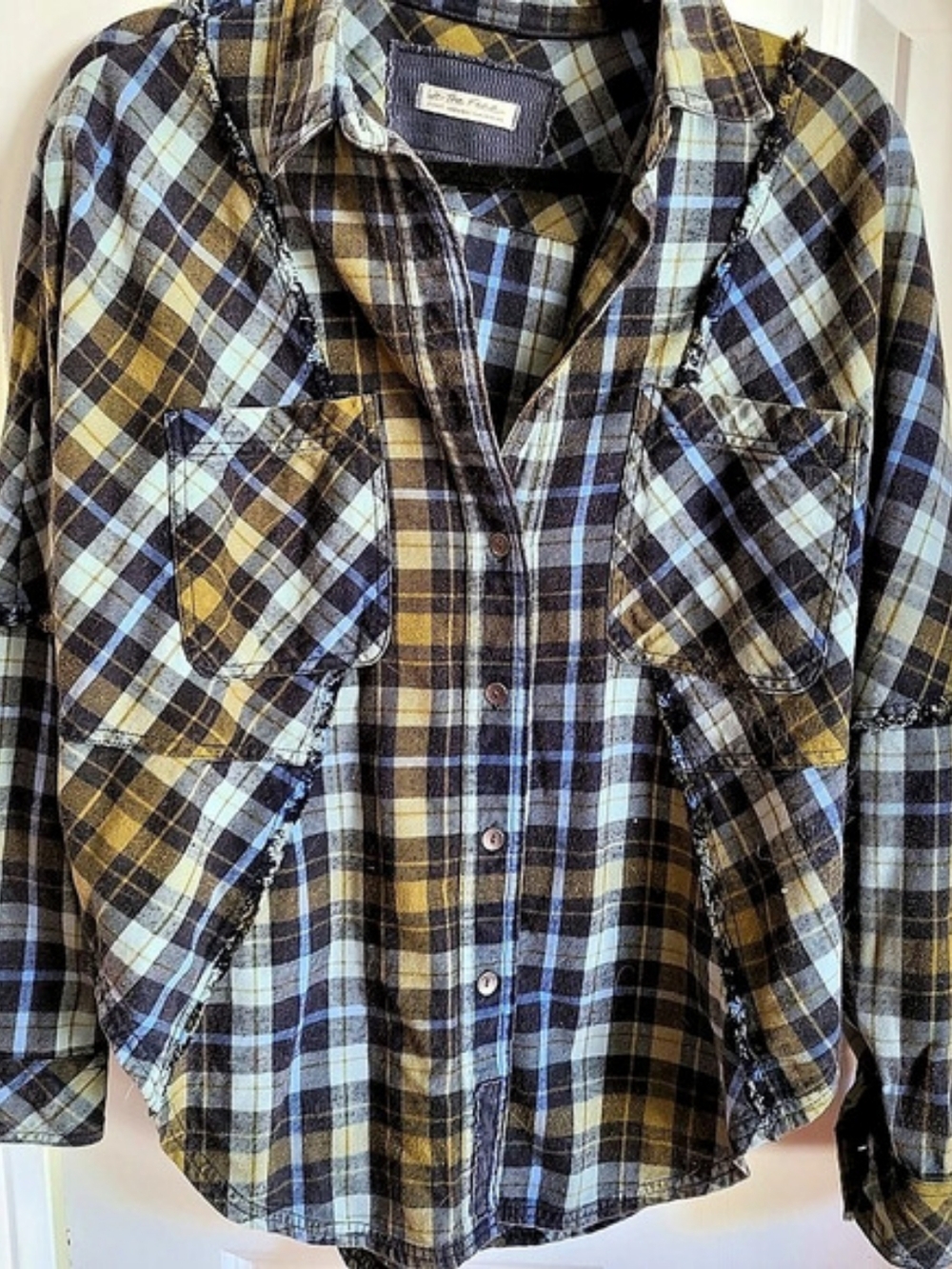 Free People Plaid Button Down Shirt in Brown & Blue Size Oversized Xs